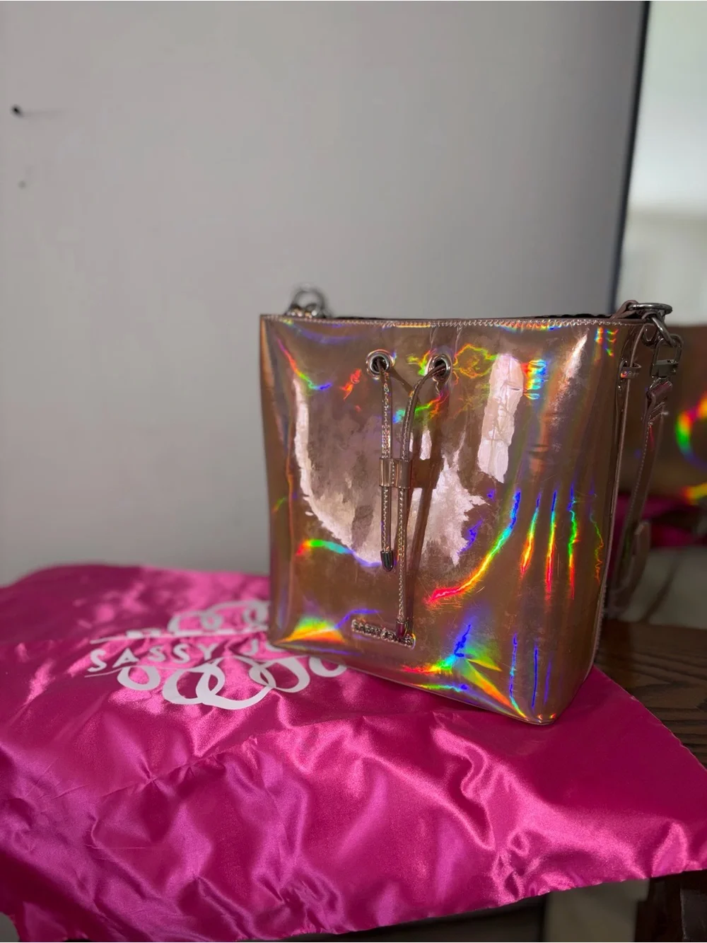 Sassy Jones Iridescent Copper Holographic Bucket Bag